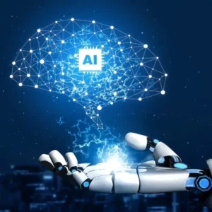 Biała otwarta metalowa dłoń robota na niebieskim tle, z której wyłania się wizualizacja mózgu z napisem AI