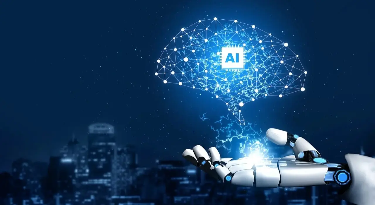 Grafika artykułu na blogu SEMLEADERS przedstawiającą dłoń robota z projektorem wyświetlający napis AI na niebieskim tle