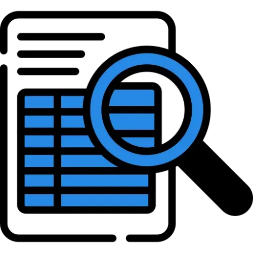 Niebieska ikonka przedstawiająca lupę i zebrane dane w wyniku audyty działań przez agencję internetową SEMLEADERS