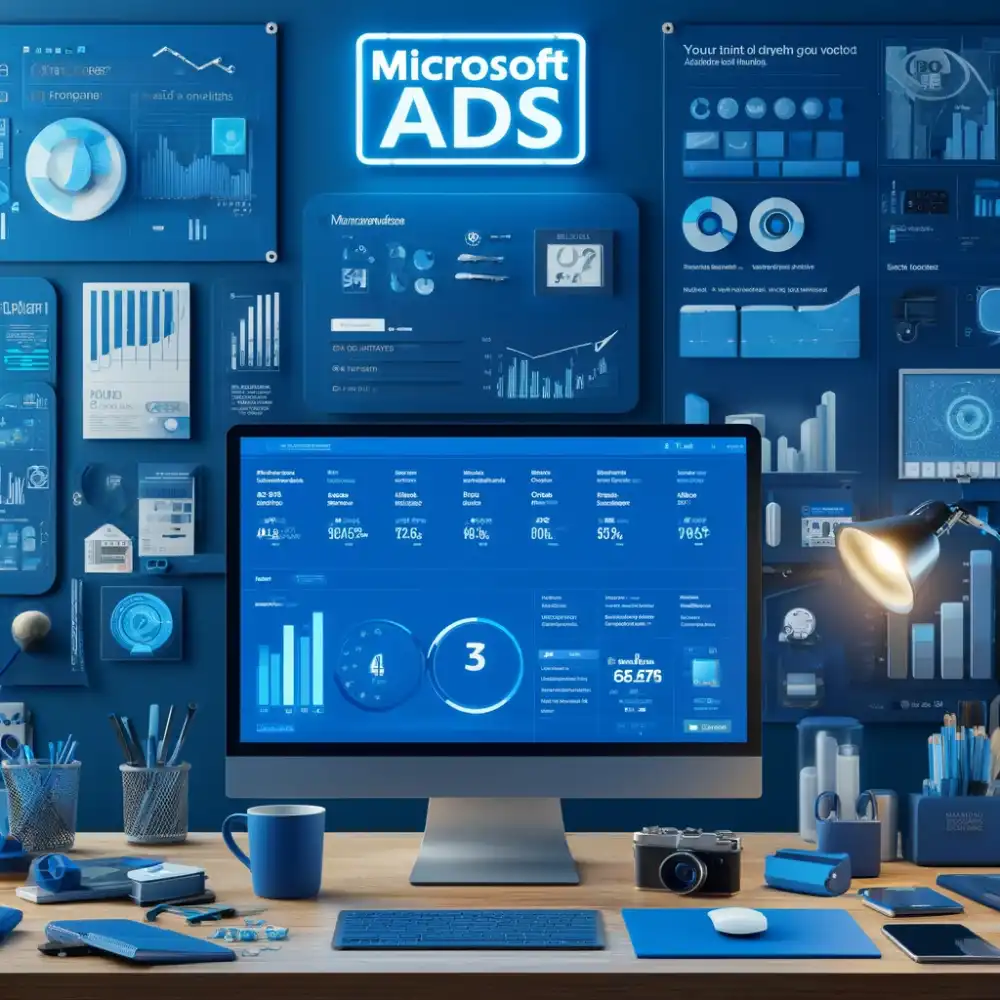 Niebieski obrazek z widocznymi wynikami efektywnych płatnych kampanii reklamowych microsoft ads oferowanych przez agencję internetową SEMLEADERS