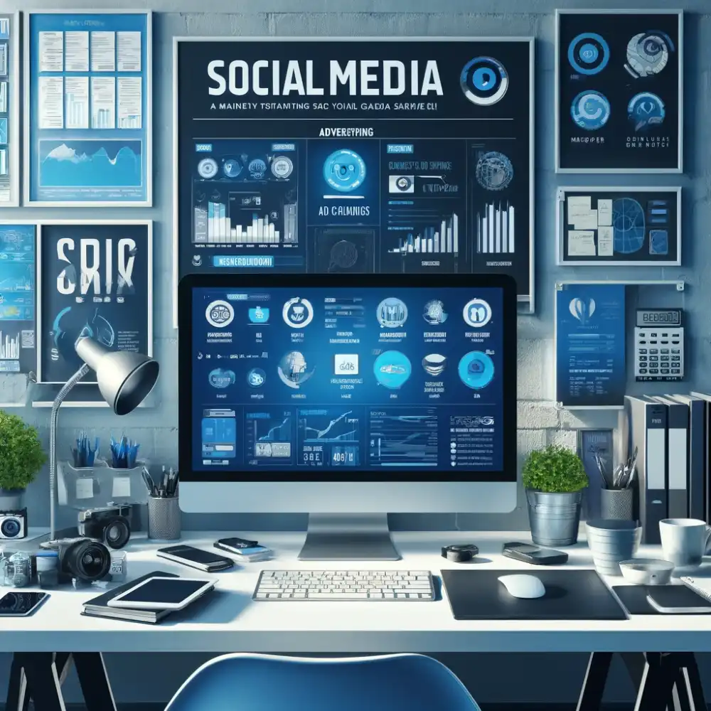 Niebieski obrazek z widocznymi dwoma monitorami na biurku specjalisty od prowadzenia i rozwijania mediów społecznościowych w agencji social media SEMLEADERS